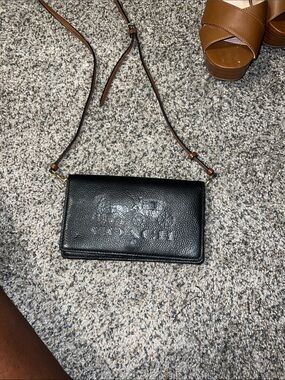 Coach Black Pebbled Leather Crossbody Wallet with Brown Strap